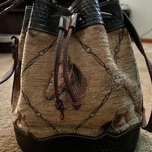 VINTAGE WESTERN BROWN LEATHER CHENILLE JACQUARD HORSE FABRIC BUCKET BAG